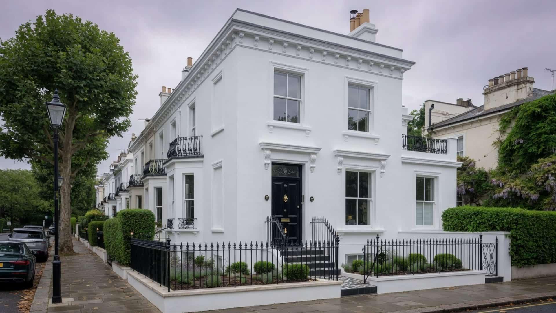 Freshly painted white stucco Victorian terrace in Hampstead North London with high-gloss black front door and restored sash windows by Hampstead Painting Company